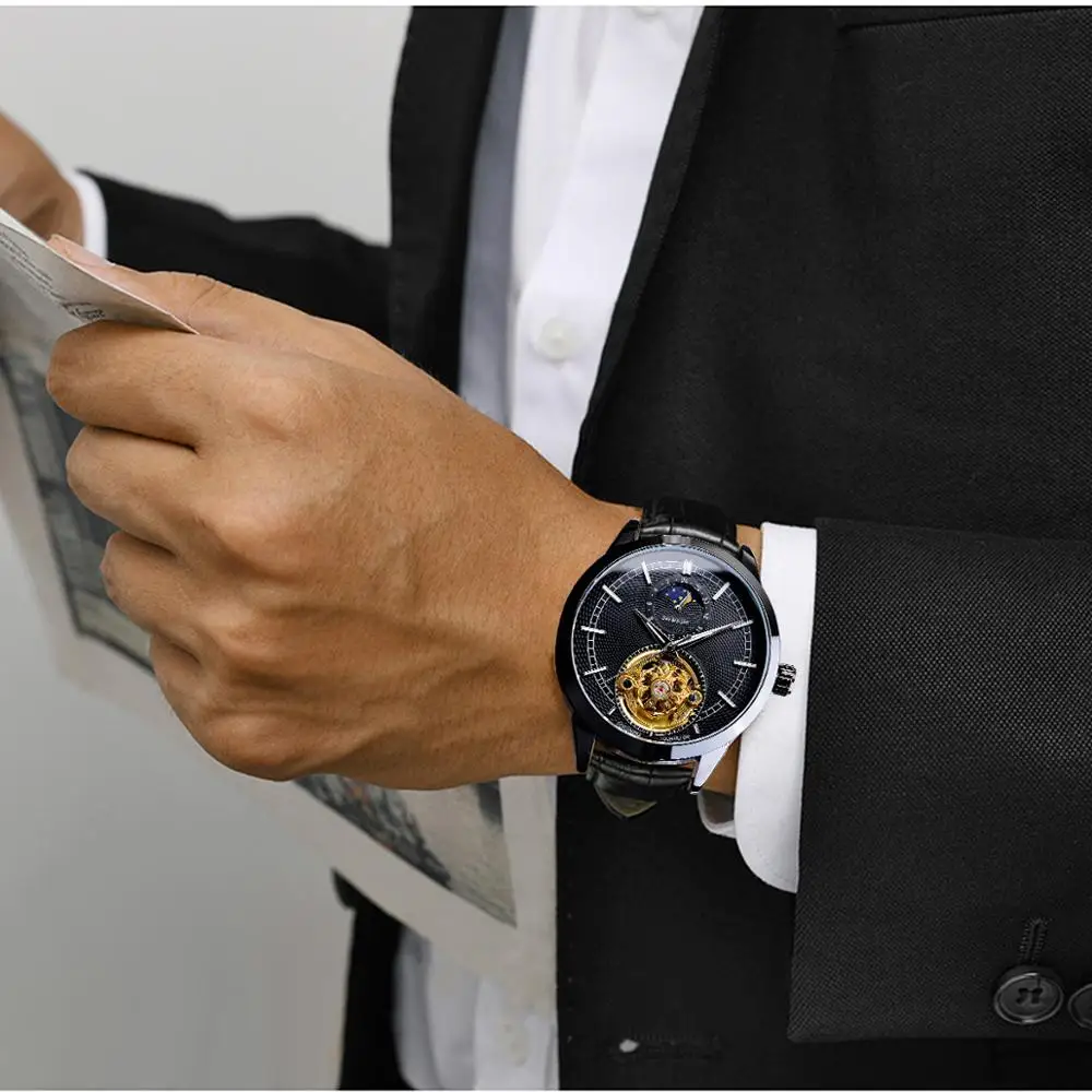 Forsining Stylish Business Mens Watch Top Brand Luxury Golden Automatic Mechanical Moon Phase Waterproof Tourbillon Wristwatches