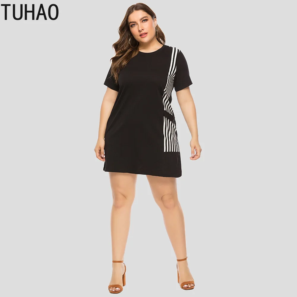 TUHAO женское платье больших размеров 5XL 4XL 3XL в полоску черного цвета офисное женское летнее Повседневное платье с коротким рукавом для женщин