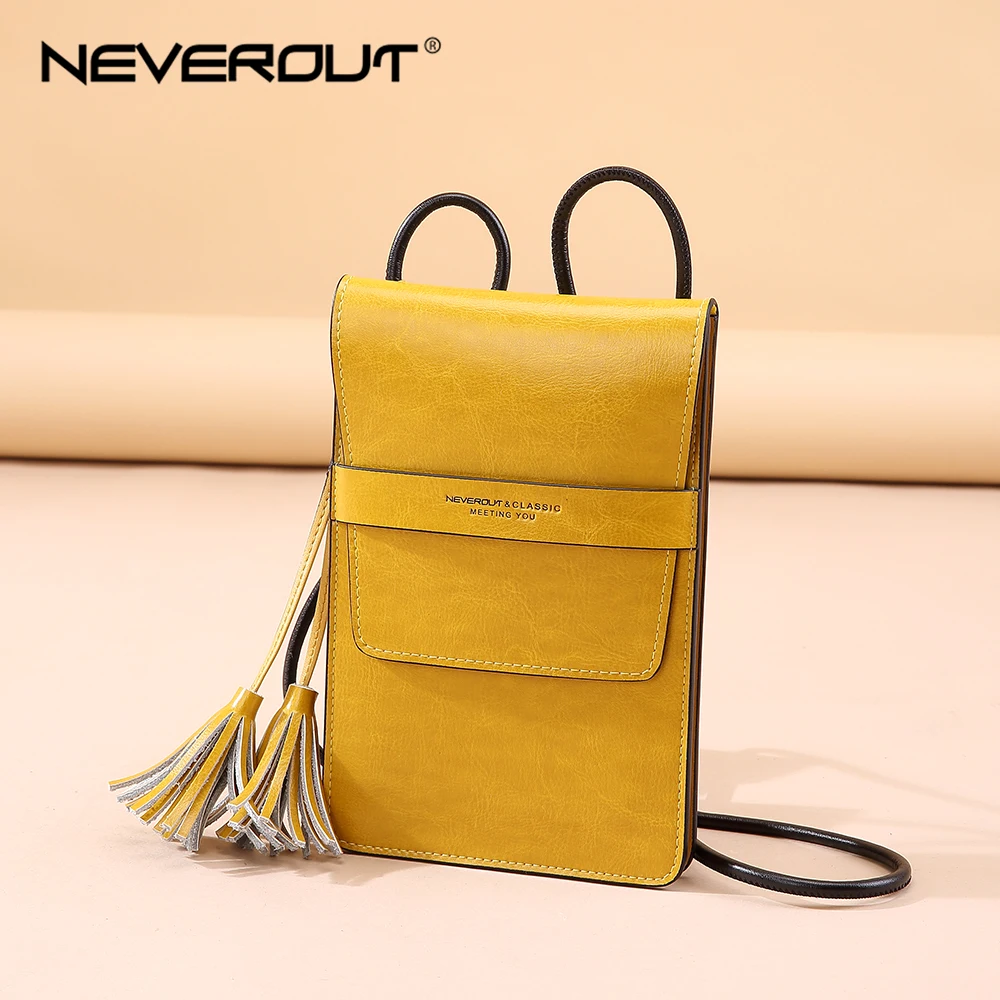 NEVEROUT одноцветная сумка через плечо, дорожная сумка-мессенджер, кошелек для мобильного телефона, женская маленькая сумка из натуральной кожи, сумка на плечо с кисточкой и клапаном