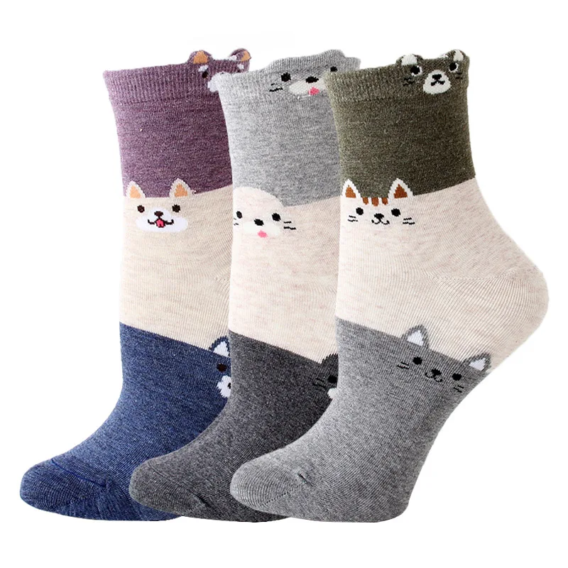 Для женщин Забавные милые Мультяшные носки Socken Harajuku хлопковые кавайные Носки жаккардовые Животные женский сезон: весна–лето носки 3 пары/партия# F - Цвет: B 3pairs