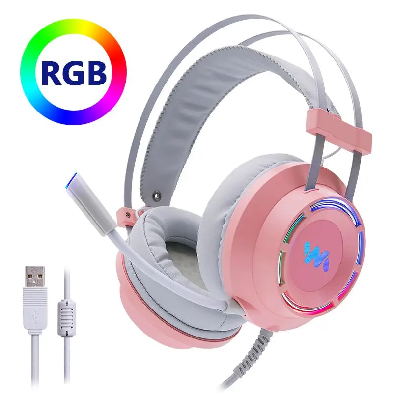 Cosbary, розовые наушники, игровая гарнитура с микрофоном, USB, проводная, 7,1, объемный звук, светодиодный светильник для ПК, геймера, компьютера, ноутбука, Xbox