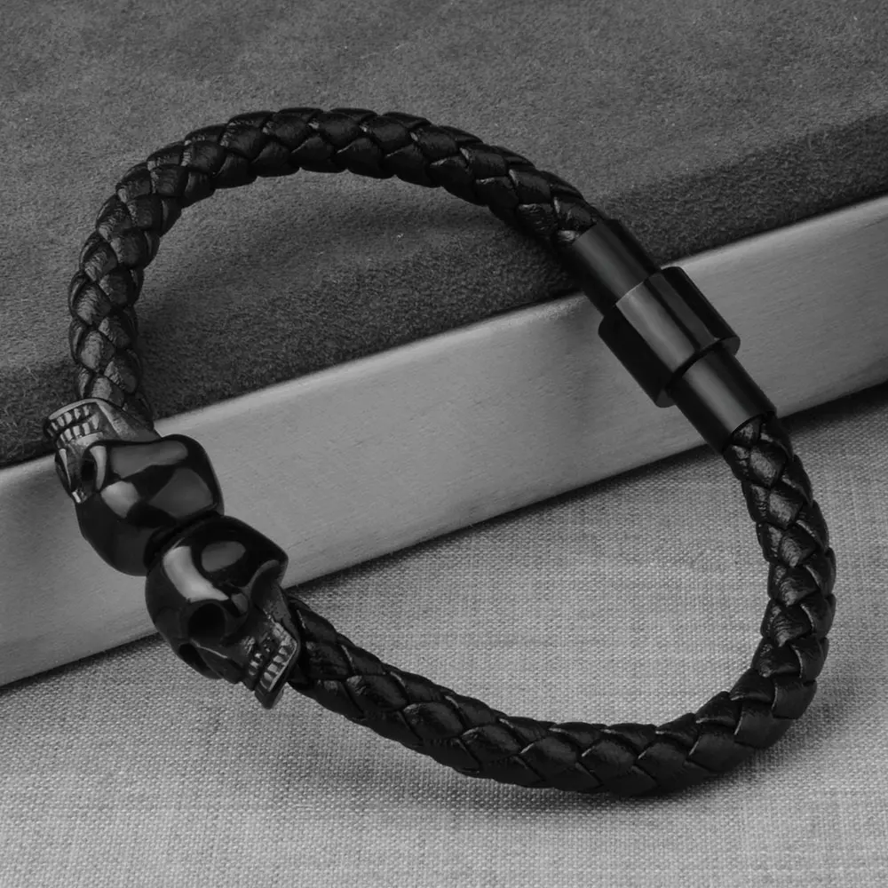 Stainless Steel Leather Bracelet Skull Skeleton Head Bangle For Men Bracelet Jewelry