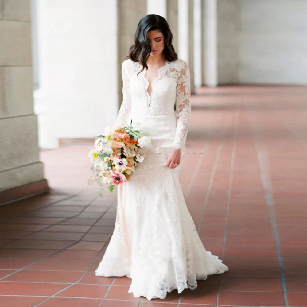 Elegant Mermaid Wedding Dresses Lace Applique Deep V Neck Long Sleeves Formal Bridal Gowns Sweep Train Appliques Wedding Dress