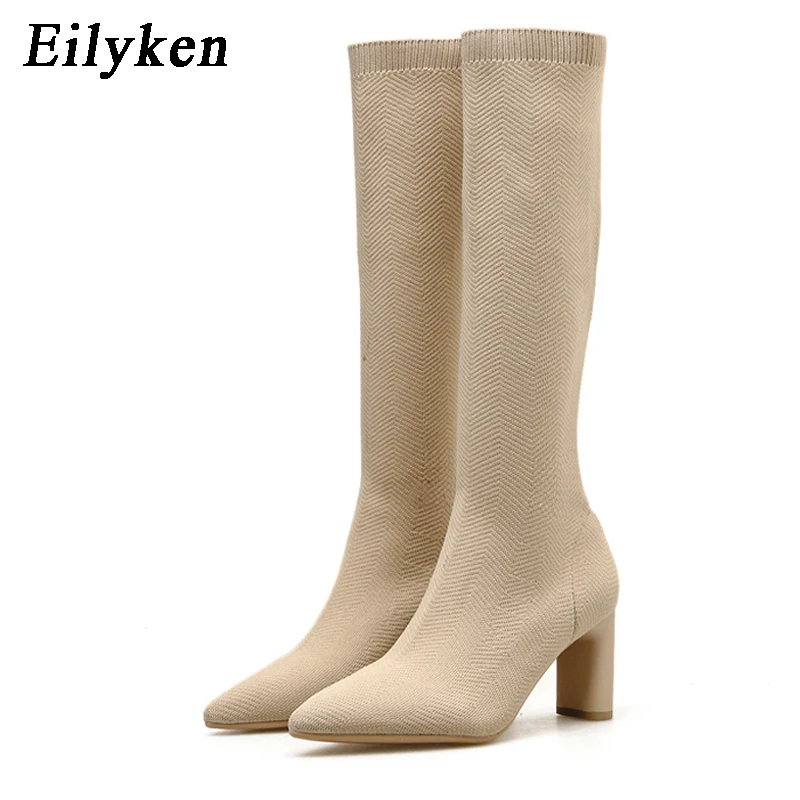 

Eilyken Knitting Stretch Thick High Heels Women Knee-High Boots Pointed Toe Sewing Female Sock Boot Shoes Winter
