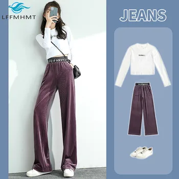 

Women Spring Autumn New Fashion Gold Velour Wide Leg Pants Elastic High Waist Loose Casual Drape Wild Straight Mopping Trousers