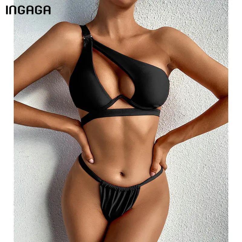 INGAGA Push Up Bikinis Women's Swimsuits Cut Out Swimwear Sexy Black Biquini Micro Thong Bathing Suits One Shoulder Bikini Set