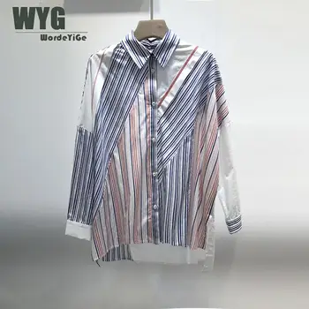

Unique Designer Blue Stripe Shirts Women 2019 Sping New Fashion Blogger Style Branded Long Sleeve Big Size Cotton Blouese
