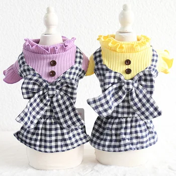 

Autumn and Winter Ropa Para Gatos Candy Colors Wooden Buckle Decor Plaid Design Warm Skirt Pet Clothes Dresses for Dogs