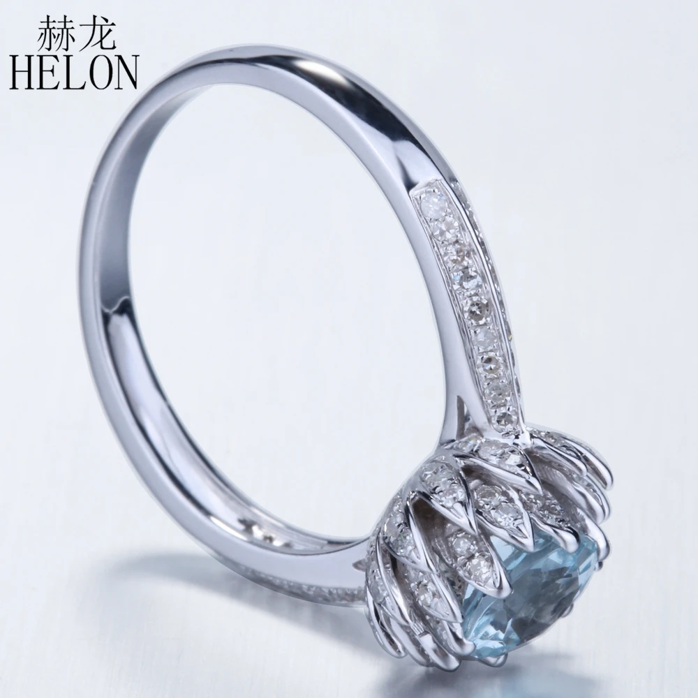 HELON Solid 10 к белый 6 мм круглый 0.43ct Натуральный аквамарин 0.43ct алмаз обручение Свадебные модные ювелирные изделия кольцо