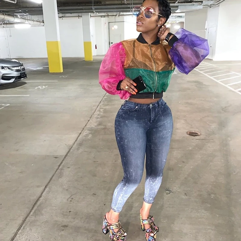 incredible  Transparent Mesh Bomber Jacket Women Autumn Short Jacket Streetwear Lantern Long Sleeve Slim Patchw