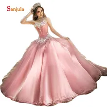 Розовые фатиновые Бальные платья бальное платье Милая блестящее длинное, блестящее, вышитое бисером Сладкий 16 платья robe de bal D1230
