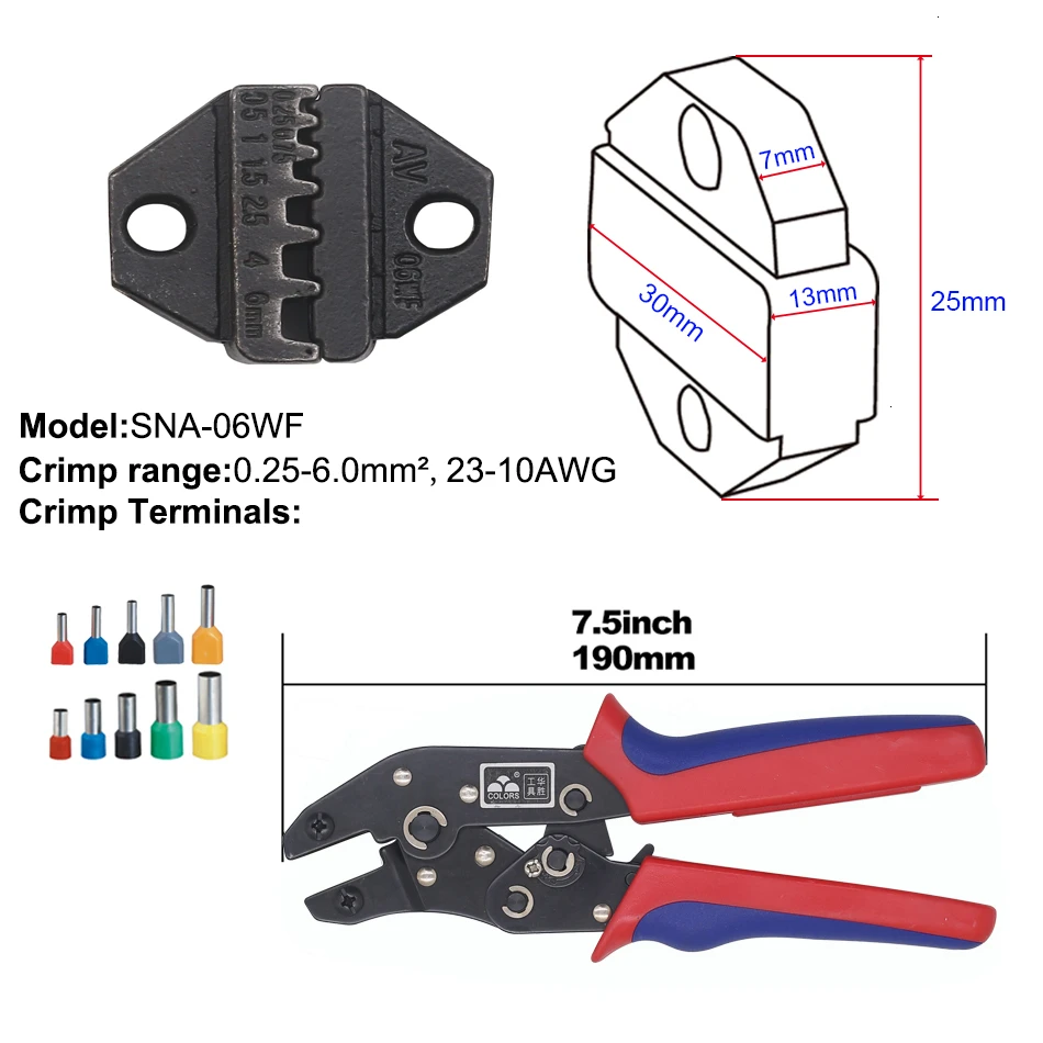 Обжимной инструмент, инструмент для обжима проволоки и сменные штампы для термоусадочных разъемов, неизолированные наконечники - Цвет: SNA-06WF