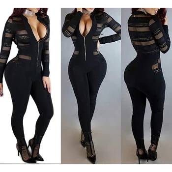 

GAOKE Women Lace Hollow out Jumpsuit Patchwork Sexy High Waist Pencil Pants Zipper Night Club Evening Rompers