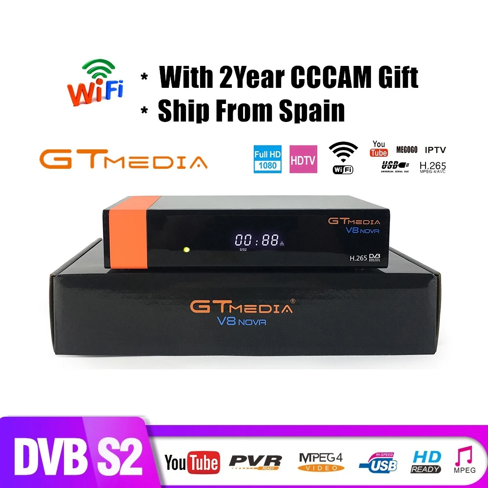 Рецептор Gtmedia V8 Nova Встроенный Wi-Fi питание от freesat v8 1080P Европа 7 Cline в течение 2 лет Испания Встроенный Wi-Fi Gtmedia V9 Super
