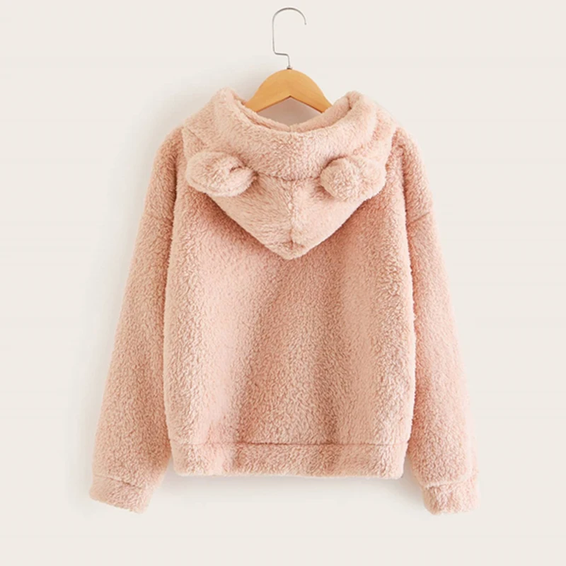 SHEIN kids/розовый однотонный зимний Повседневный свитер с капюшоном с ушками Тедди для девочек детские топы г. Осенние милые худи для подростков с длинными рукавами
