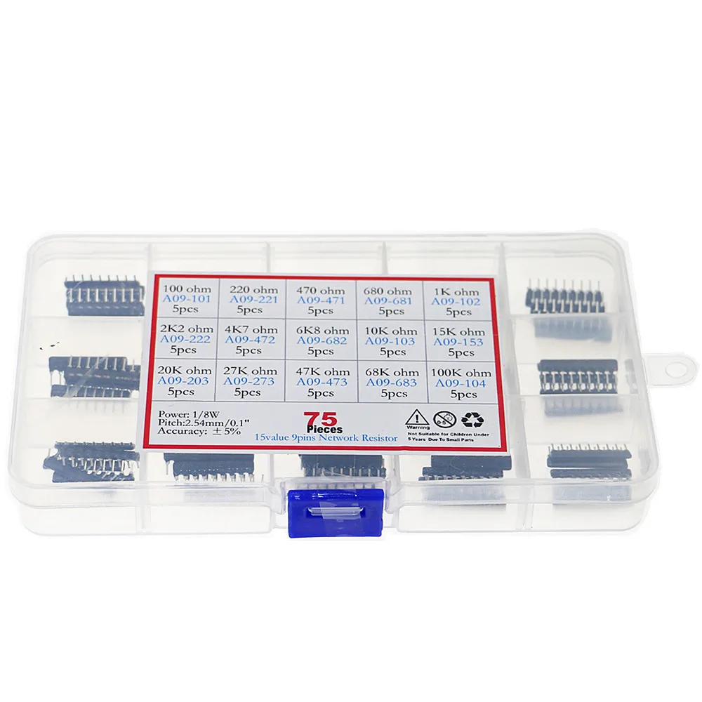 75 teile/schachtel 15 Arten Netzwerk Resistor Assorted Pack Kit 1 x 9pin A09-101 221 471 681 102 222 472 682 103 153 203 273 473 683 104