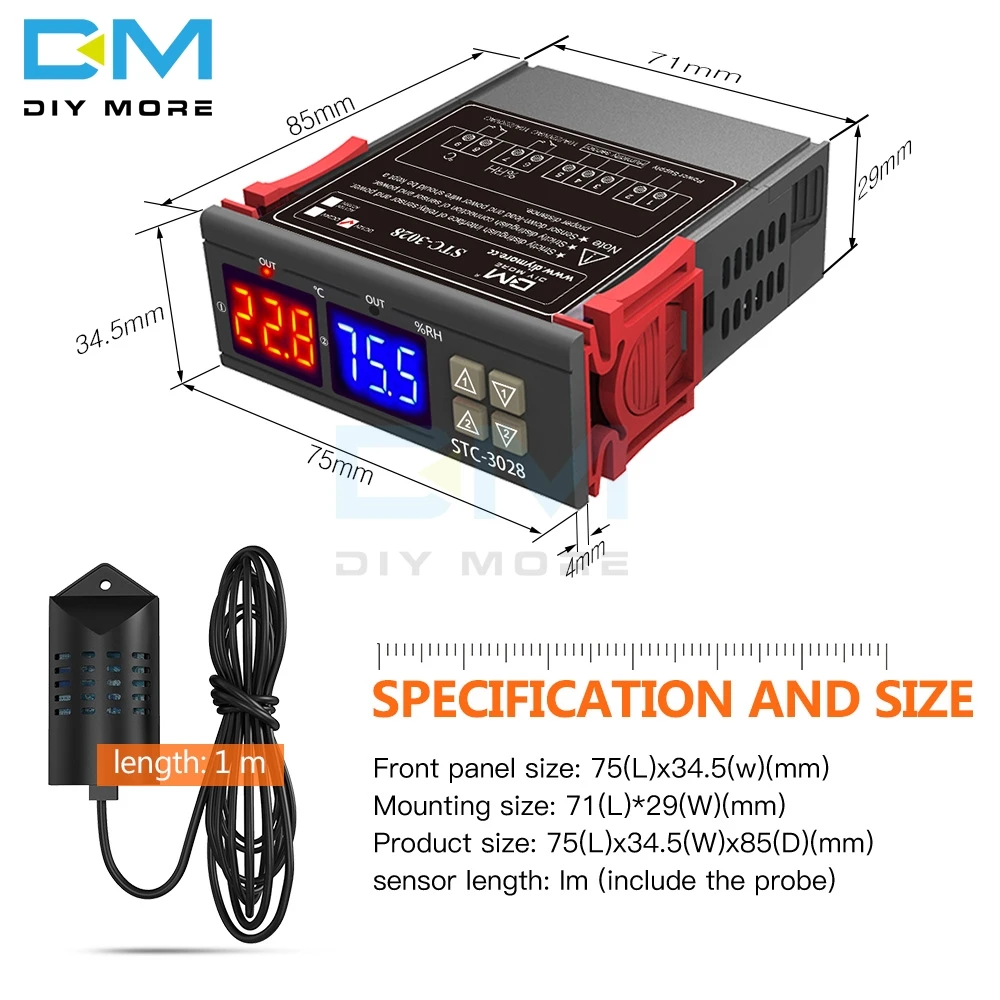 STC-3028, двойной цифровой светодиодный регулятор температуры и влажности, термометр, термостат, гигрометр переменного тока 110 В 220 В постоянного тока 12 В 24 в 10 А