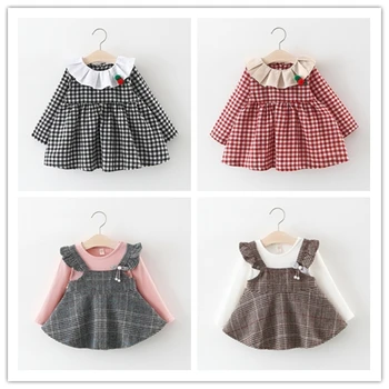 

Autumn New Fashion Toddler Baby Kids Girls Ruched Ruffles Strip Plaid Patchwork Mini Dresses Casual Clothes Wholesale Free Ship