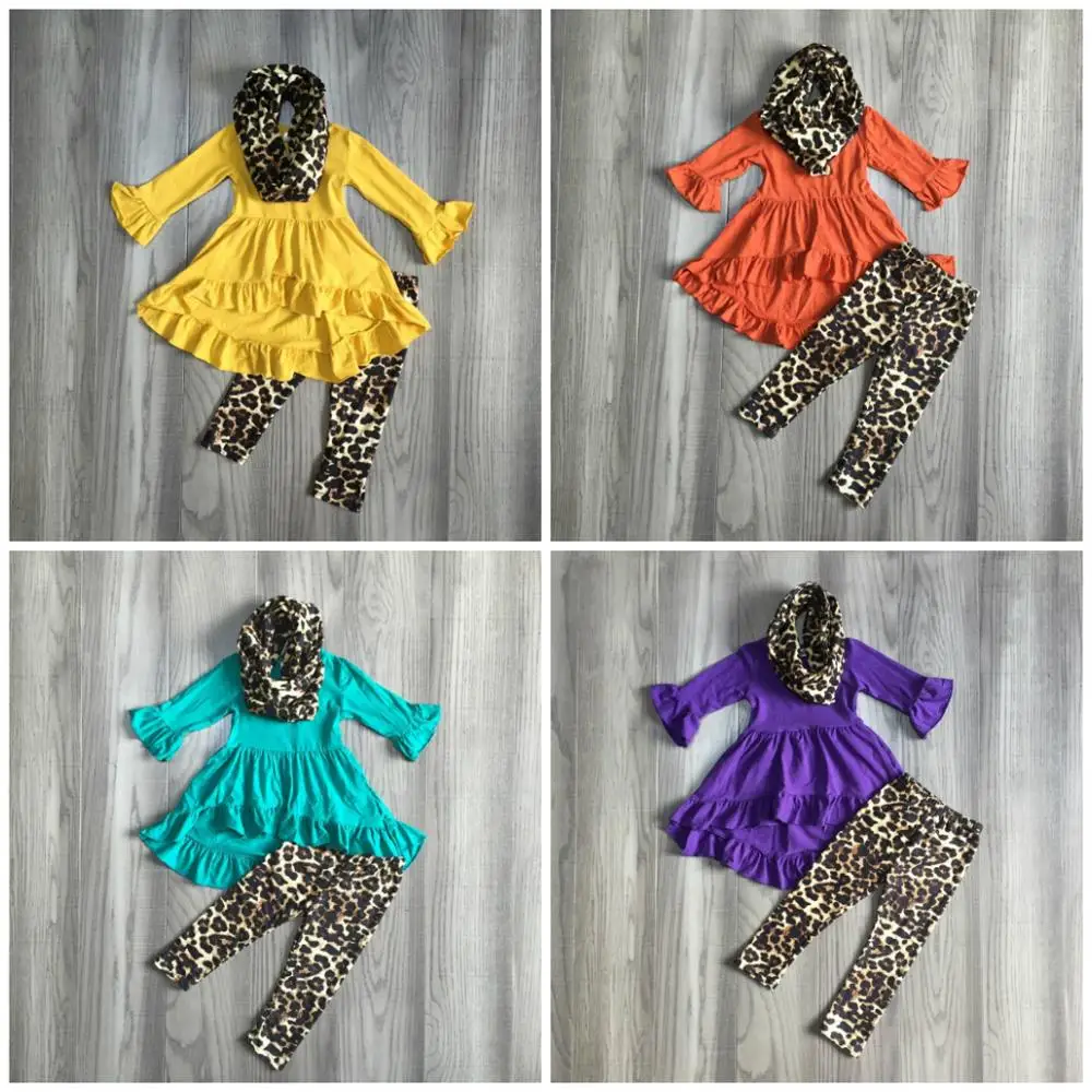 Новая осенне-зимняя одежда для маленьких девочек, 3 предмета, шарф, детская одежда, горчичное леопардовое платье, топ, хлопковая одежда с длинными рукавами, Изысканная одежда с оборками