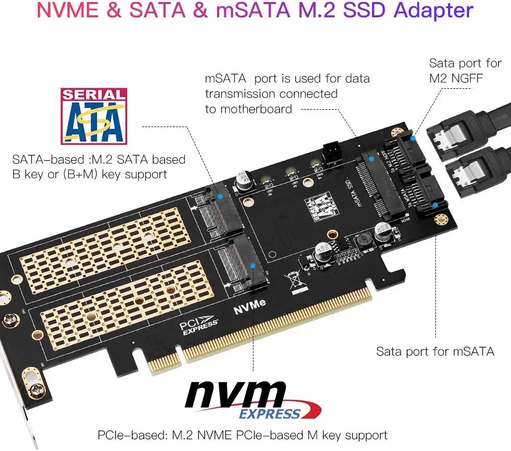 3 в 1 адаптер для SSD накопителя NGFF и mSATA M.2 NVME на PCIe 16X/M.2 SATA|Платы расширения| |