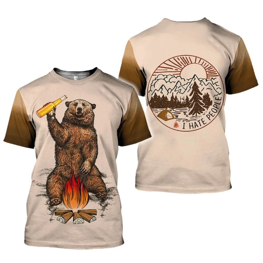 

2020 Summer New Fashion Tshirt Brown Bear Beer Bonfire 3D Printed T-shirt Camping I Hate People Harajuku Streetwear