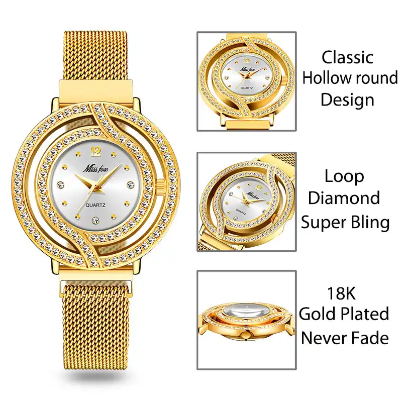 Missfox Hollow Watch For Women Milan Mesh Band Full Diamond Watch Ladies Gold Luxury Fashion Rado Wrist Watch Male Clock Hours Aliexpress