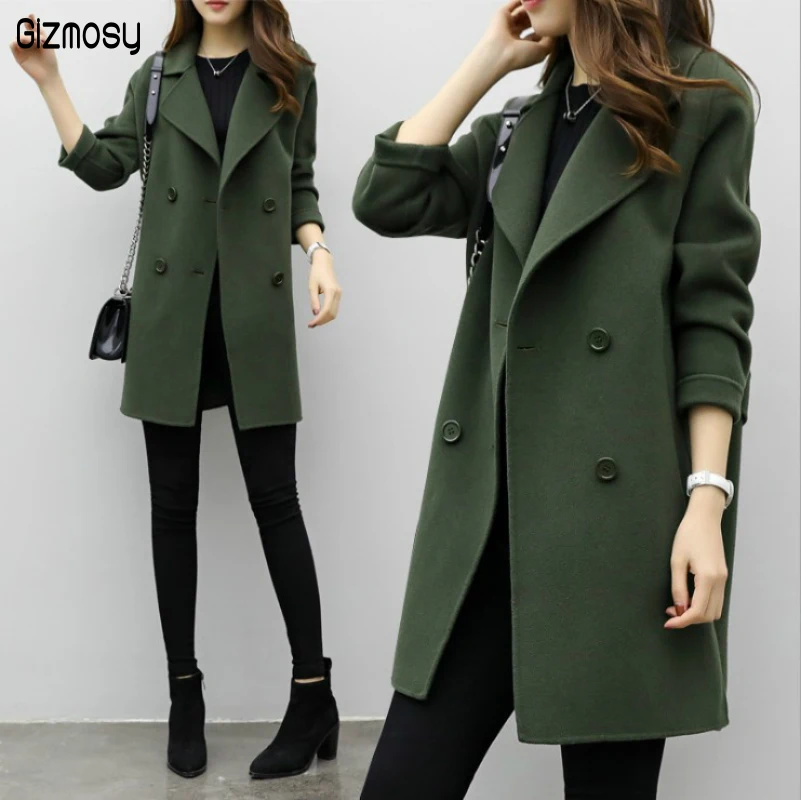 

Women Woolen Coat 2019 Autumn Winter New Double-breasted Long Sleeve Loose Coats Turn-Down Collar Outwear Plus Size CA3107