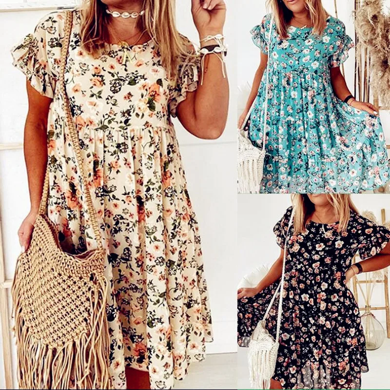 Women Loose Vintage Vest Ruffles Sexy Befree Blouse Shirt Large Big Floral Dress Summer Party Beach Dresses Plus Sizes | Женская одежда