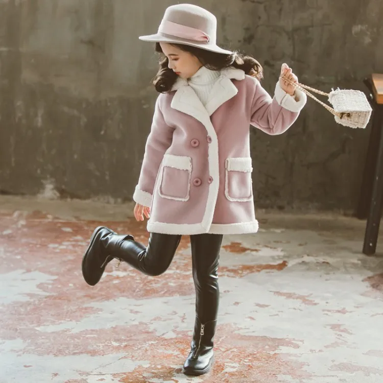 Pink Velvet Детская одежда Новинка года, осенне-зимнее стильное длинное пальто для девочек Детская шерстяная куртка из плотного бархата верхняя одежда для девочек - Цвет: Pink Velvet
