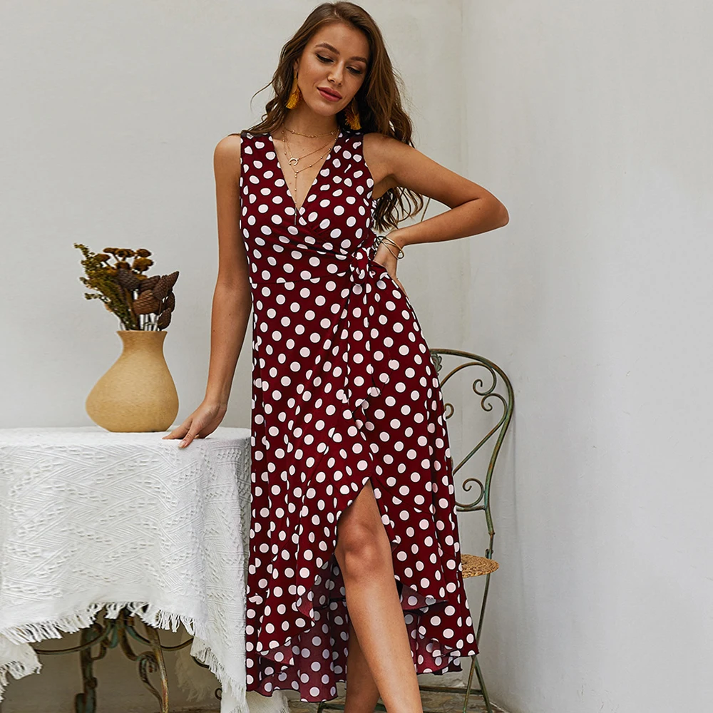 Boho женское летнее праздничное платье в горошек макси с v-образным вырезом Повседневный пляжный Длинный Сарафан