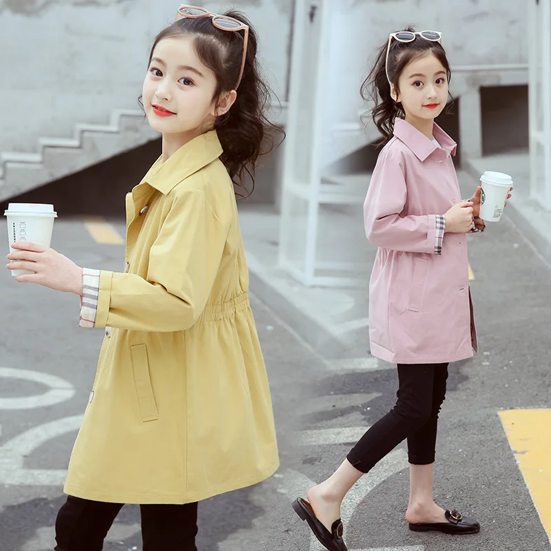 Autumn Girls Jackets Coats Baby Kids Fashion Thin Solid lapel Windbreaker Children Outwear Jacket Waist Clothes