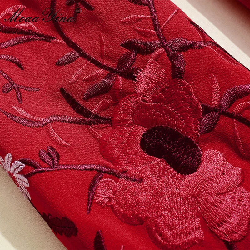 MoaaYina Fashion Designer dress Spring Autumn Women's Dress V-neck Long sleeve Belt Floral Embroidery Slim Elegant Dresses