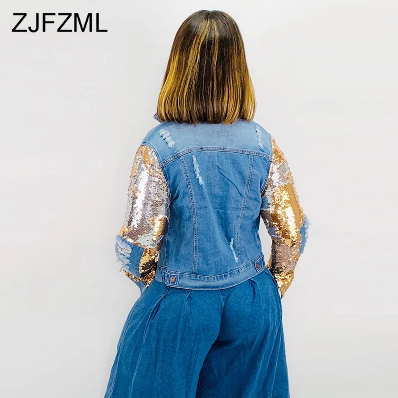 discount  Gold Sequined Casual Denim Jacket 2019 Women Turn Down Collar Long Sleeve Washes Coat Autumn Winter