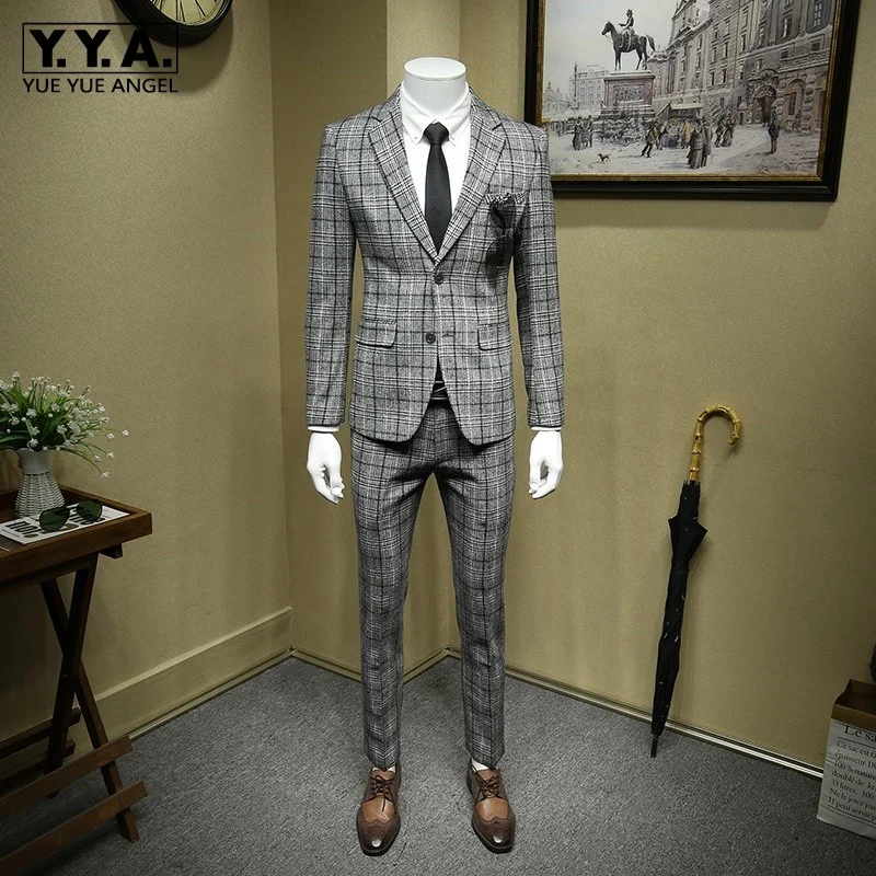 Formal British Grey Plaid Wool Blazer Suit Men Office Costume Homme Bridegroom Wedding Suits Jacket+Vest+Pants Woolen 3pcs Set | Мужская