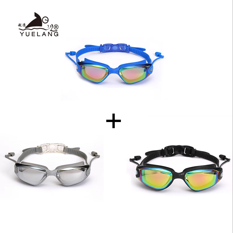 3 PCS  Professional Swimming Goggles Set Earplugs Waterproof Glasses Electroplate Anti-Fog Anti-UV Pull Buckle Adult Silicone