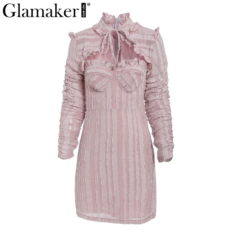 Фиолетовый Glamaker сексуальное открытое облегающее мини-платье с оборками Женские фиолетовые вечерние осенние платья элегантная женская повязка клубное мини-платье зима - Цвет: Фиолетовый