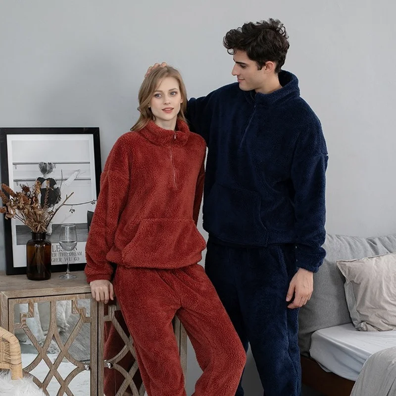 Pajamas Flannel Loungewear Autumn and Winter Solid Color Couples Home Service Set Thick Coral Fleece Pajamas Set
