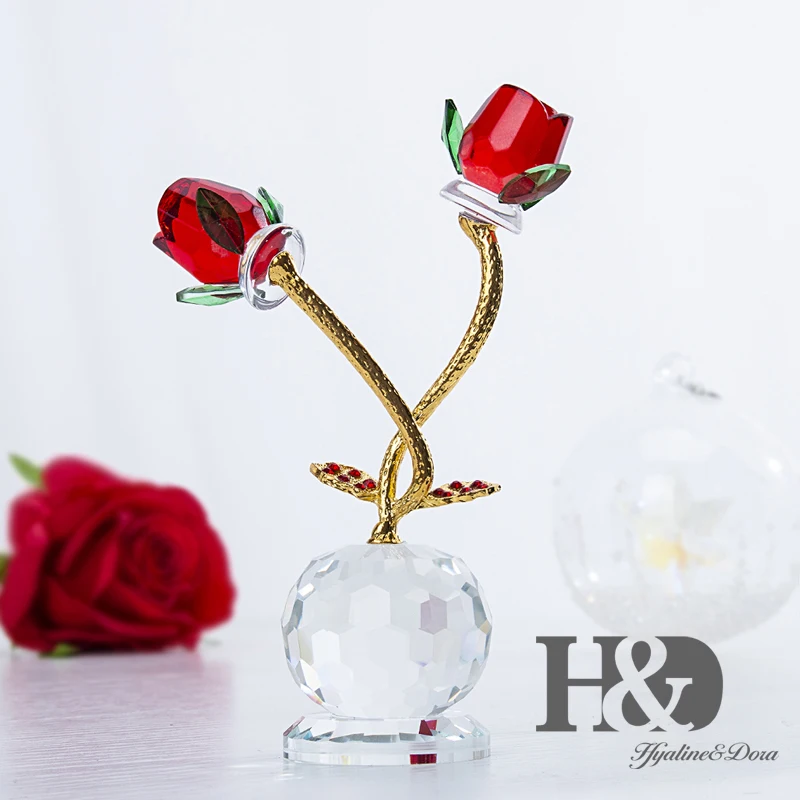 H&D Red Rose with Crystal Base Figurine Glass Paperweight Ornament Flower Lovers Home Wedding Decoration Xmas Thanksgiving Gifts