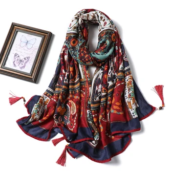 

Cotton Women Scarf Spring Summer National Style Paisley Print Pashmina Hijab Tassel Travel Beach Sun Protection Shawl