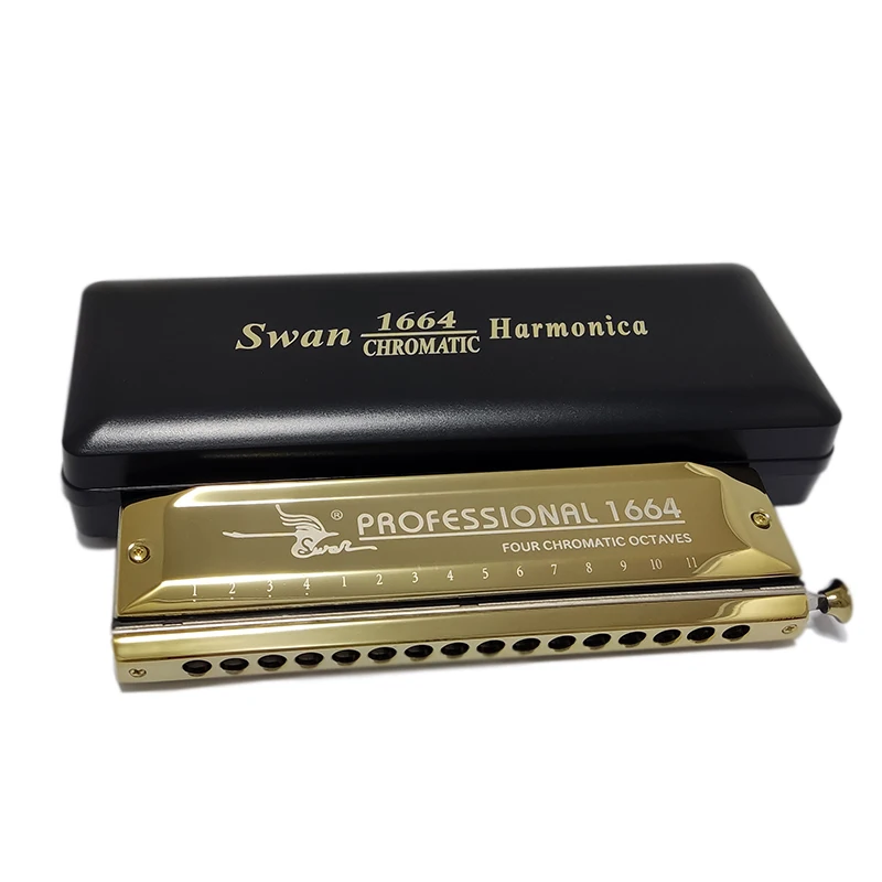 

Swan Chromatic Harmonica, 16 отверстий, 64 тона, орган для рта, ключ C, профессиональные музыкальные инструменты для арфы, SW1664, серебро, золото