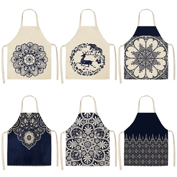 

1Pcs Mandala Deer Kitchen Aprons For Women Cotton Linen Bibs Household Cleaning Pinafore Home Cooking Apron 53*65cm WQL0113
