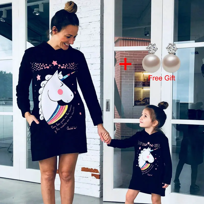 

Mother Daughter Unicorn Sweatshirts Christmas Family Matching Cartoon Clothes Outwear Mom And Daughter Clothes Long Tops Dress