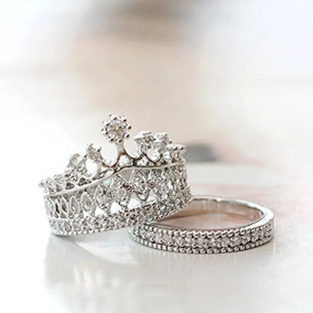 1 Set New Fashion Queen Party All-match Sweet Piece Crown Moldings Ring Color Silver Plated RING-0364