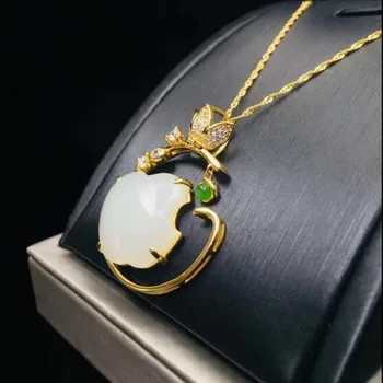

Natural Hetian White Jade Pendant 925 Silver Necklace Golden-color Frame Inlaid With White Jade Apple Shape Amulet For Women