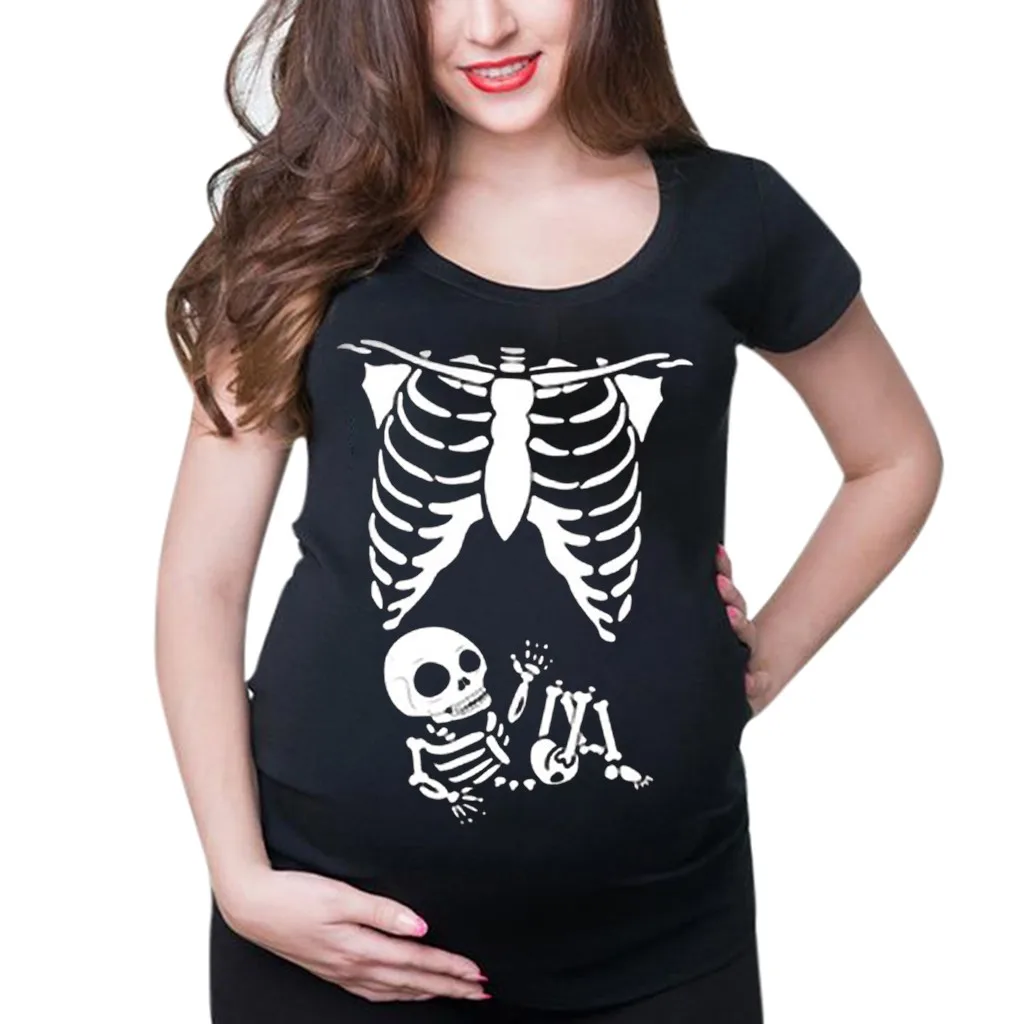 Women Maternity Short Sleeve Skeleton Print Tops T-shirt Pregnant Casual Clothes Children's Chiffon Shirt Children's Shirt 's