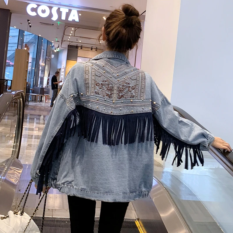 

2019 Autumn New Embroidered Fringed Denim Jacket Female Loose Casual Design Women