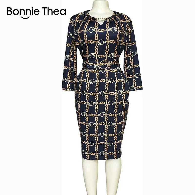 Bonnie Thea женское платье с принтом элегантное тонкое офисное платье женские вечерние платье карандаш осеннее короткое платье