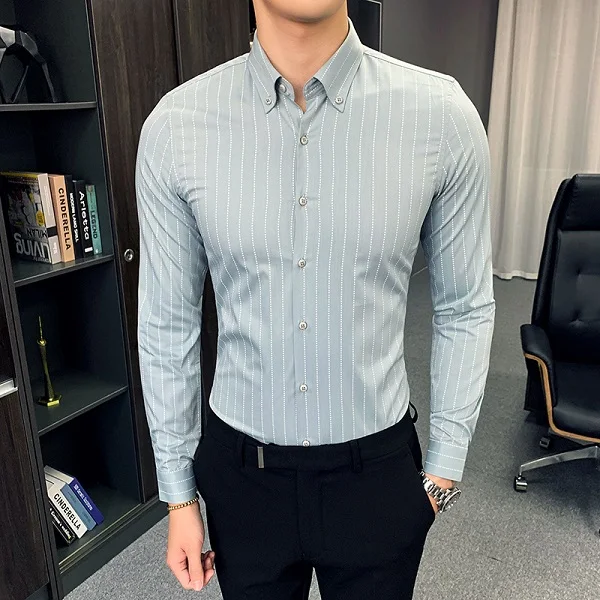 New Men's Luxury Shirts Long Sleeve Slim Fit Striped Dress Shirt Men White Wedding Shirt Camisa Masculina - Цвет: light blue