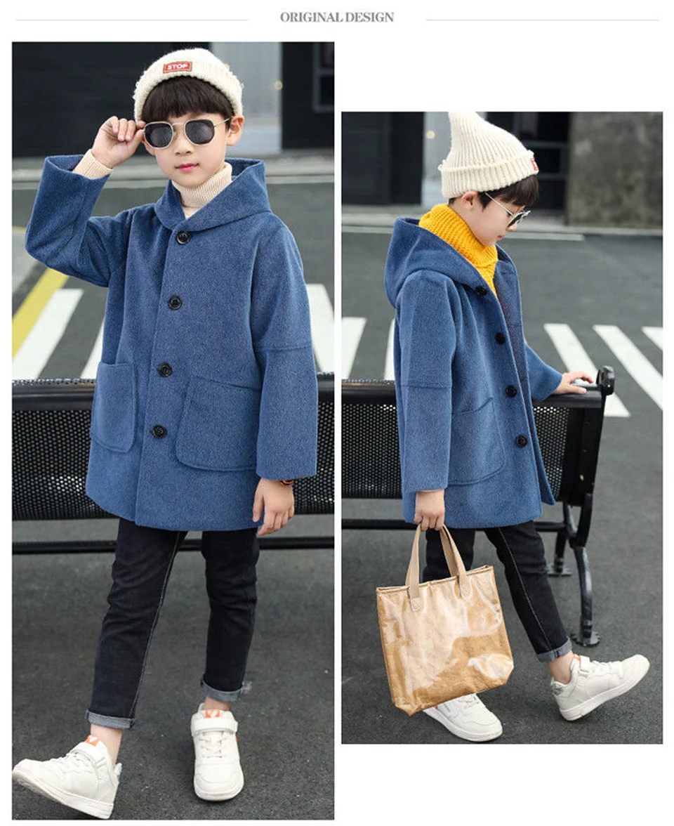 Коллекция года, весенне-осеннее шерстяное пальто для мальчиков детская одежда в Корейском стиле для мальчиков однобортная куртка из хлопка для подростков возрастом от 4 до 14 лет