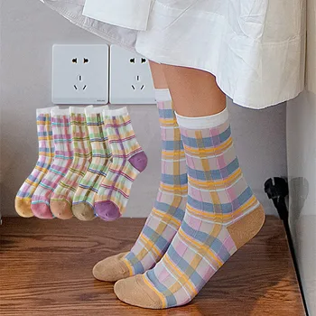 

College Style Retro Plaid Mid Calf Crew Socks Women Nylon Thin Mesh Socks Soft Spring Colorful Harejuku Cozy Dress Socks Female